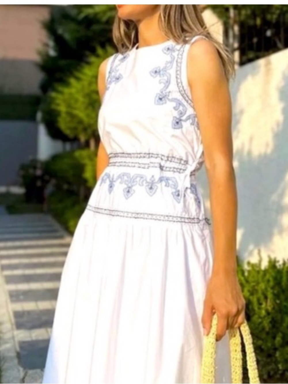 Zara Embroidered Midi Maxi Dress White Blue Cotton Embellished Boho S Small - Picture 2 of 15